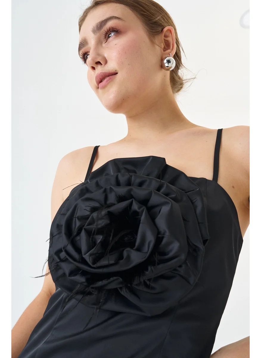 Modatalika Cotton Satin Fabric Mini Length Rose Detailed Strap Evening Dress