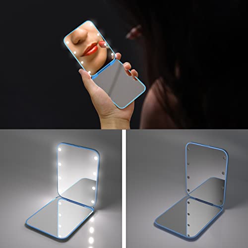 Kintion Pocket Mirror, 1X/3X Magnification LED Compact Travel Makeup Mirror with Light for Purse, 2-Sided, Portable, Folding, Handheld, Small Lighted Mirror for Gift, Blue - Image 2