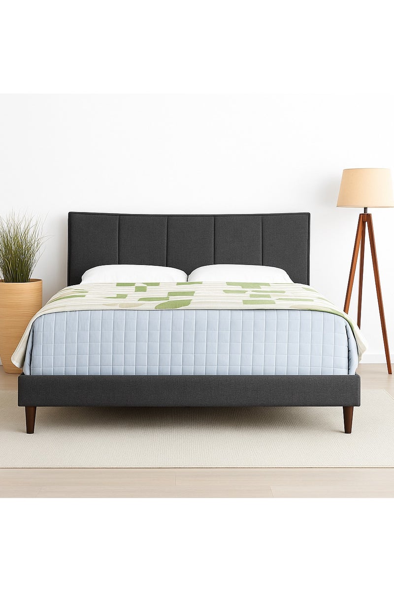 Karnak Modern Upholstered Bed Frame –  Fabric Bed with Padded Headboard, Wooden Legs – King Size 180Cm x 200cm  Black - Image 1