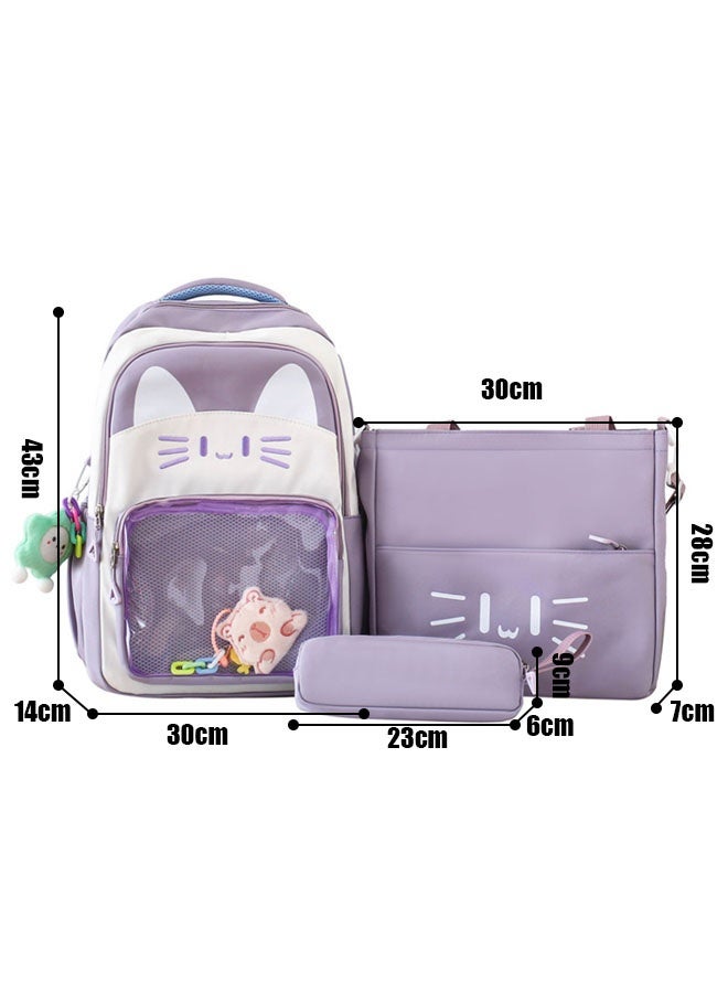 Hanayo مجموعة حقائب ظهر مدرسية 3 قطع نمط كرتوني لطيف حقائب ظهر بسعة كبيرة حقيبة كتب حقيبة أقلام حقيبة كتف للفتيات المراهقات حقيبة ظهر مدرسية (بنفسجي) - Image 2