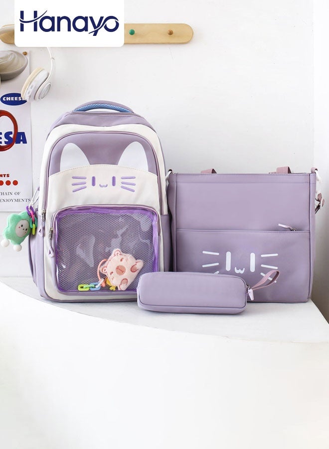 Hanayo مجموعة حقائب ظهر مدرسية 3 قطع نمط كرتوني لطيف حقائب ظهر بسعة كبيرة حقيبة كتب حقيبة أقلام حقيبة كتف للفتيات المراهقات حقيبة ظهر مدرسية (بنفسجي) - Image 1