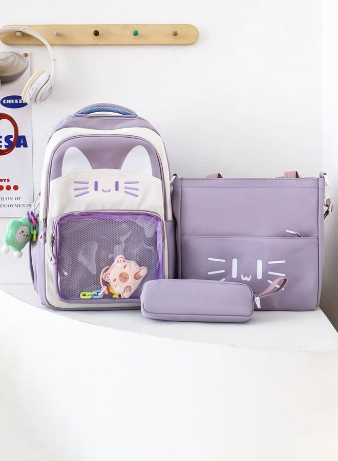 Hanayo مجموعة حقائب ظهر مدرسية 3 قطع نمط كرتوني لطيف حقائب ظهر بسعة كبيرة حقيبة كتب حقيبة أقلام حقيبة كتف للفتيات المراهقات حقيبة ظهر مدرسية (بنفسجي) - Image 3
