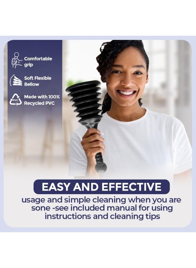 T&B Toilet Plunger Kitchen Sink Unblocker أداة فعالة لإلغاء الحجب الثقيلة مع كوب (6 بوصة) و (16 بوصة) مقبض تصريف الحوض والمراحيض لإلغاء الحجب للشعر والأغذية والحطام ، الأسود والأبيض - Image 4