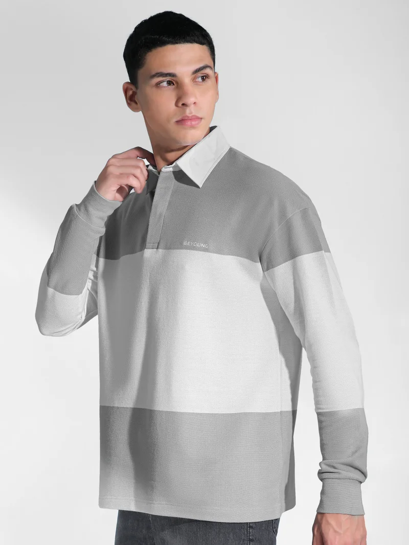 بيونغ سويت شيرت بولو مخطط باللون الرمادي الفاتح