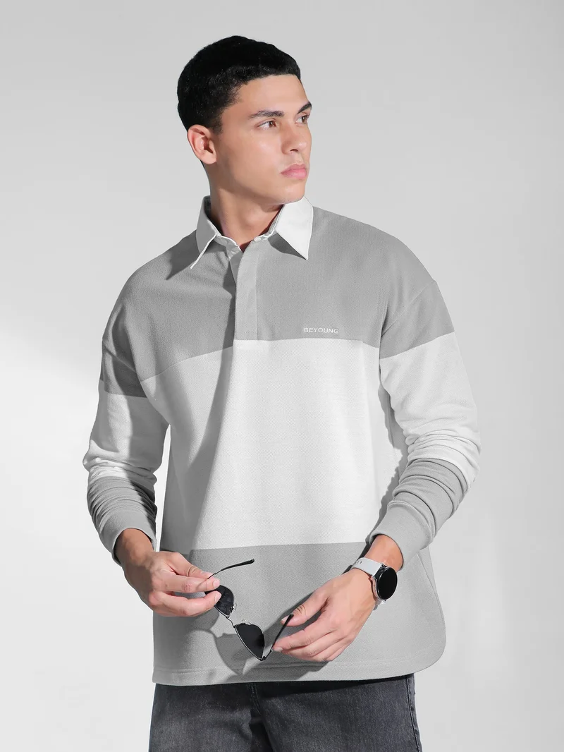 بيونغ سويت شيرت بولو مخطط باللون الرمادي الفاتح