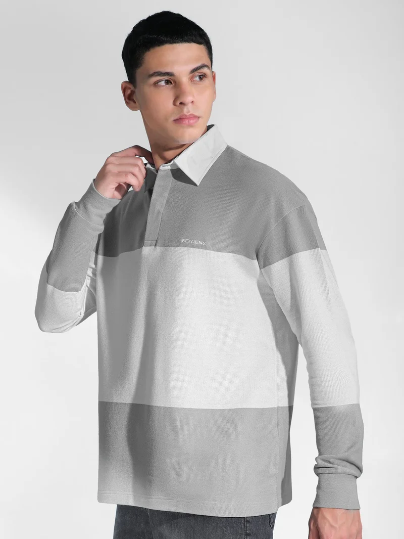 بيونغ سويت شيرت بولو مخطط باللون الرمادي الفاتح