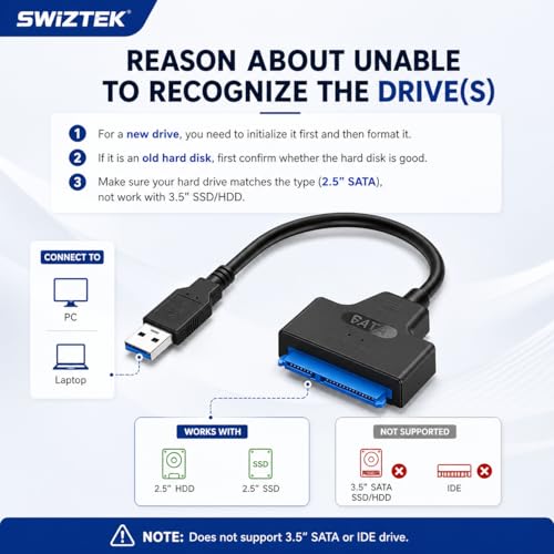 Swiztek USB 3.0 to SATA Adapter Cable for 2.5-Inch SSD & HDD – High-Speed SATA III to USB 3.0 Converter for External Hard Drive, Laptop, PC, and Data Transfer – Plug & Play, No External Power Required - Image 5