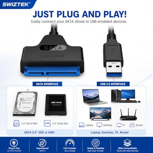 Swiztek USB 3.0 to SATA Adapter Cable for 2.5-Inch SSD & HDD – High-Speed SATA III to USB 3.0 Converter for External Hard Drive, Laptop, PC, and Data Transfer – Plug & Play, No External Power Required - Image 3