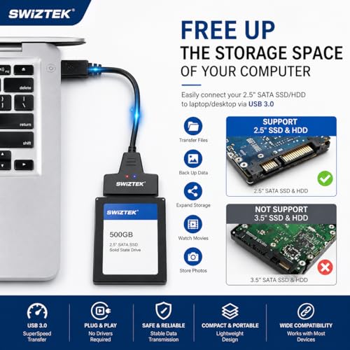 Swiztek USB 3.0 to SATA Adapter Cable for 2.5-Inch SSD & HDD – High-Speed SATA III to USB 3.0 Converter for External Hard Drive, Laptop, PC, and Data Transfer – Plug & Play, No External Power Required - Image 2