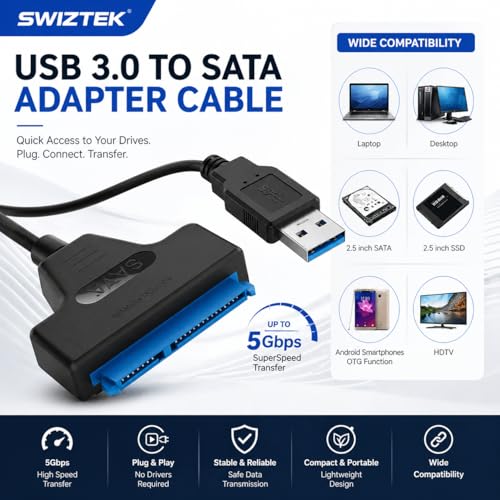 Swiztek USB 3.0 to SATA Adapter Cable for 2.5-Inch SSD & HDD – High-Speed SATA III to USB 3.0 Converter for External Hard Drive, Laptop, PC, and Data Transfer – Plug & Play, No External Power Required - Image 4