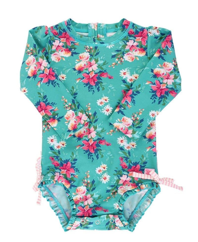 RuffleButts RuffleButts Baby Girls UPF 50 Sun Protection Floral Printed Long Sleeve One Piece Rash Guard Swimsuit with Zipper Fancy Me Floral 2T 