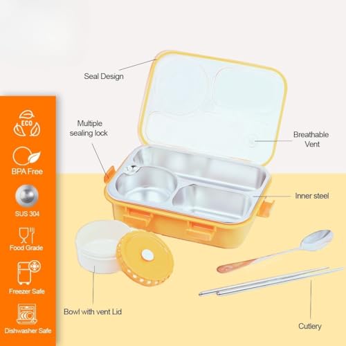 PLUSPOINT Bento Lunch Box Insulated Air Tight Lunch Box and Portable Utensils, Stainless Steel Lunch Containers, Leak Proof Bento Box for Kids, Adults, Men Women (Yellow),750 ml - Image 3