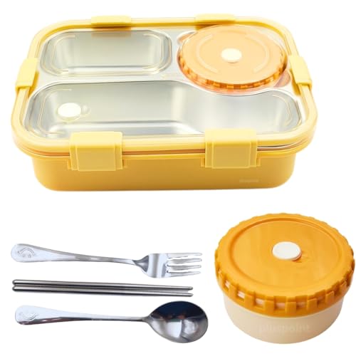 PLUSPOINT Bento Lunch Box Insulated Air Tight Lunch Box and Portable Utensils, Stainless Steel Lunch Containers, Leak Proof Bento Box for Kids, Adults, Men Women (Yellow),750 ml - Image 1