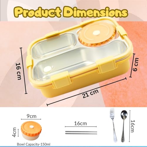 PLUSPOINT Bento Lunch Box Insulated Air Tight Lunch Box and Portable Utensils, Stainless Steel Lunch Containers, Leak Proof Bento Box for Kids, Adults, Men Women (Yellow),750 ml - Image 5