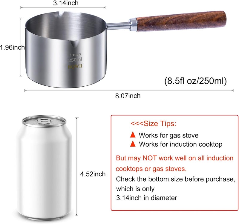 BQWII stainless steel mini pot - butter warmer, 8.5fl oz (250ml) coffee/milk warmer, mini sauce pan for coffee, ideal for seafood butter warmers,melting pot With dual spouts and wooden handle - Image 2