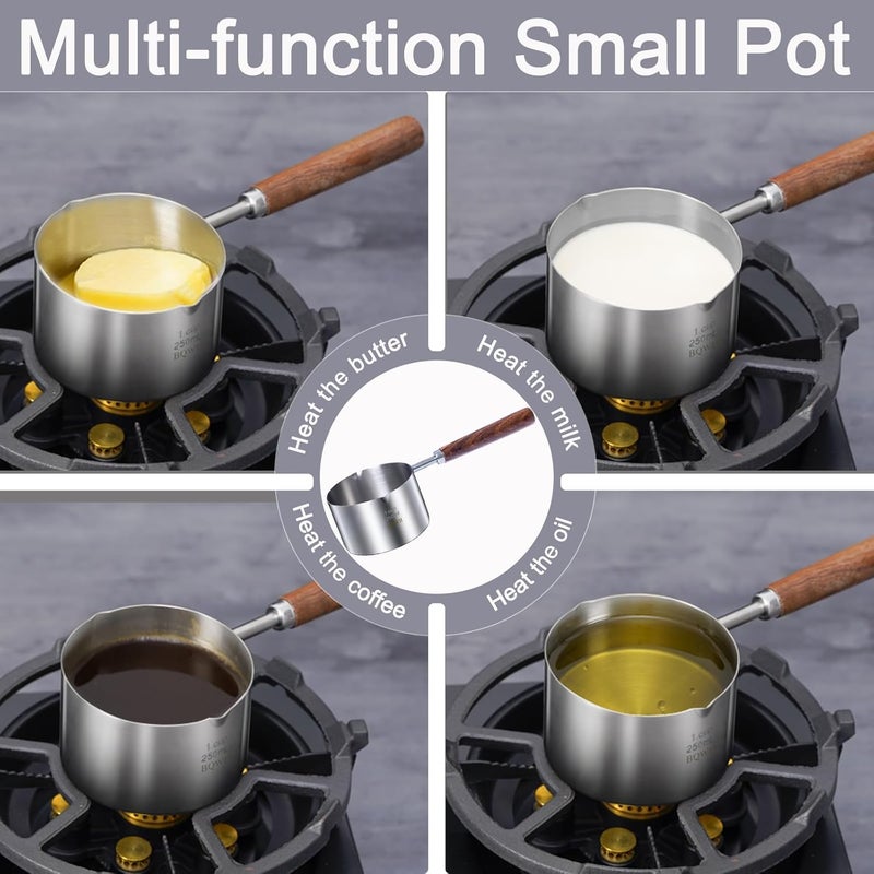 BQWII stainless steel mini pot - butter warmer, 8.5fl oz (250ml) coffee/milk warmer, mini sauce pan for coffee, ideal for seafood butter warmers,melting pot With dual spouts and wooden handle - Image 3