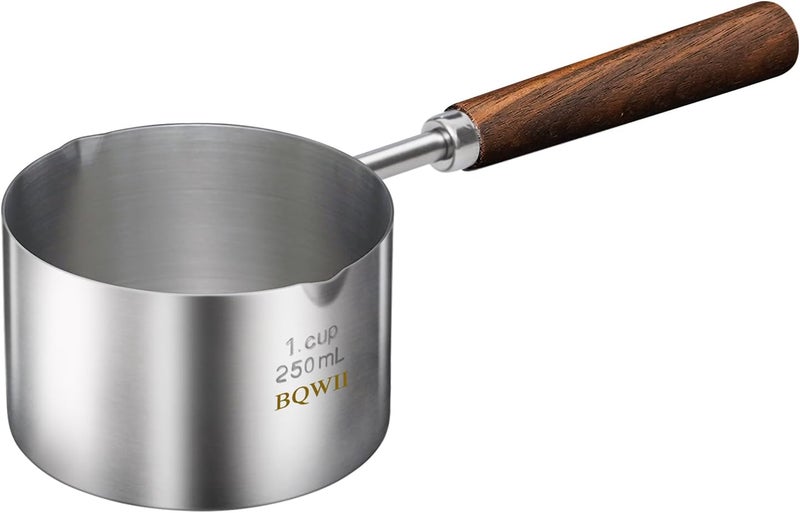 BQWII stainless steel mini pot - butter warmer, 8.5fl oz (250ml) coffee/milk warmer, mini sauce pan for coffee, ideal for seafood butter warmers,melting pot With dual spouts and wooden handle - Image 1