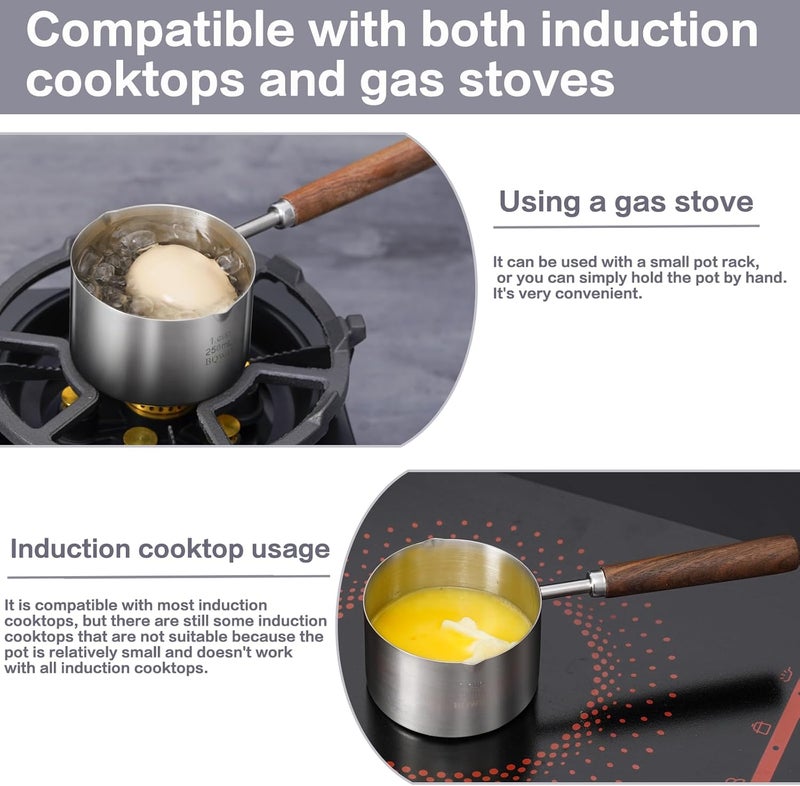 BQWII stainless steel mini pot - butter warmer, 8.5fl oz (250ml) coffee/milk warmer, mini sauce pan for coffee, ideal for seafood butter warmers,melting pot With dual spouts and wooden handle - Image 4