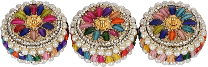 SM Creations Decorative Jewelry Box 6 cm x 6 cm x 3 CM Pack of 3pc Decorative Vanity Box Sindoor Dabbi Kumkum Dani Handicraft box SilverMulticolor - Image 1
