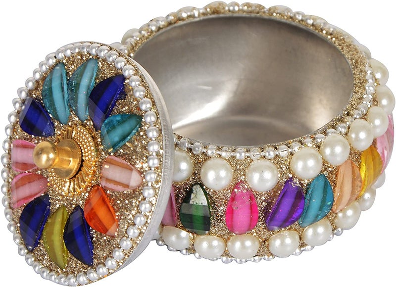 SM Creations Decorative Jewelry Box 6 cm x 6 cm x 3 CM Pack of 3pc Decorative Vanity Box Sindoor Dabbi Kumkum Dani Handicraft box SilverMulticolor - Image 3