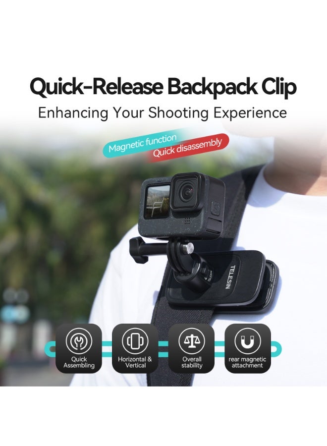 TELESIN Backpack Mount Clip, Quick Release Cameras Shoulder Strap Holder, Magnetic Swivel Cameras Mount for GoPro 13 12 11 10 9 8 7 Max Insta360 X3 X4 Go3 Ace Pro DJI Action 3 4 Osmo Pocket 3, Black  - Image 2