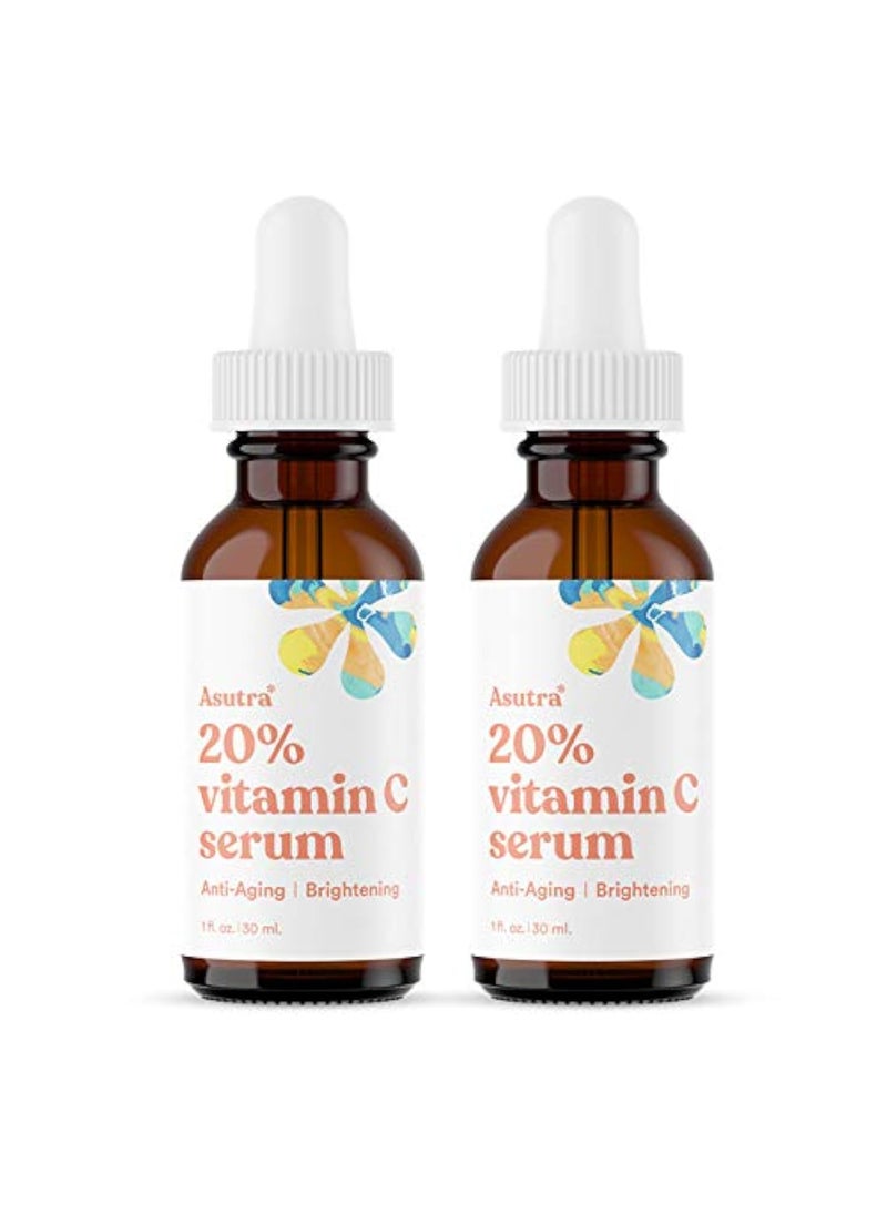 Asutra ASUTRA 20% Vitamin C Serum, 1 fl oz (Pack of 2) - Ferulic & Hyaluronic Acid, Vitamin E, Aloe, Jojoba, Brightening Face Serum 