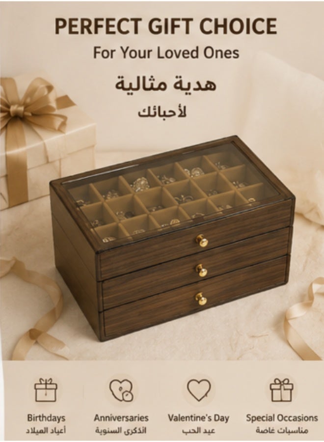 3-Layer Wooden Jewelry Organizer Box with Clear Lid and Drawers - Image 3