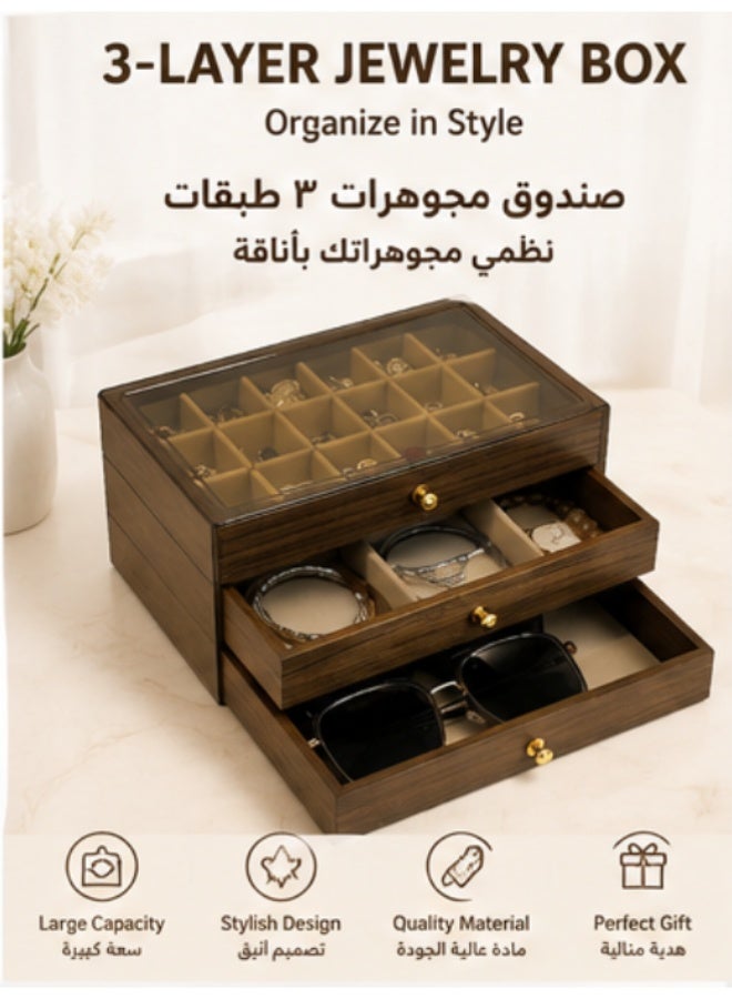 3-Layer Wooden Jewelry Organizer Box with Clear Lid and Drawers - Image 1