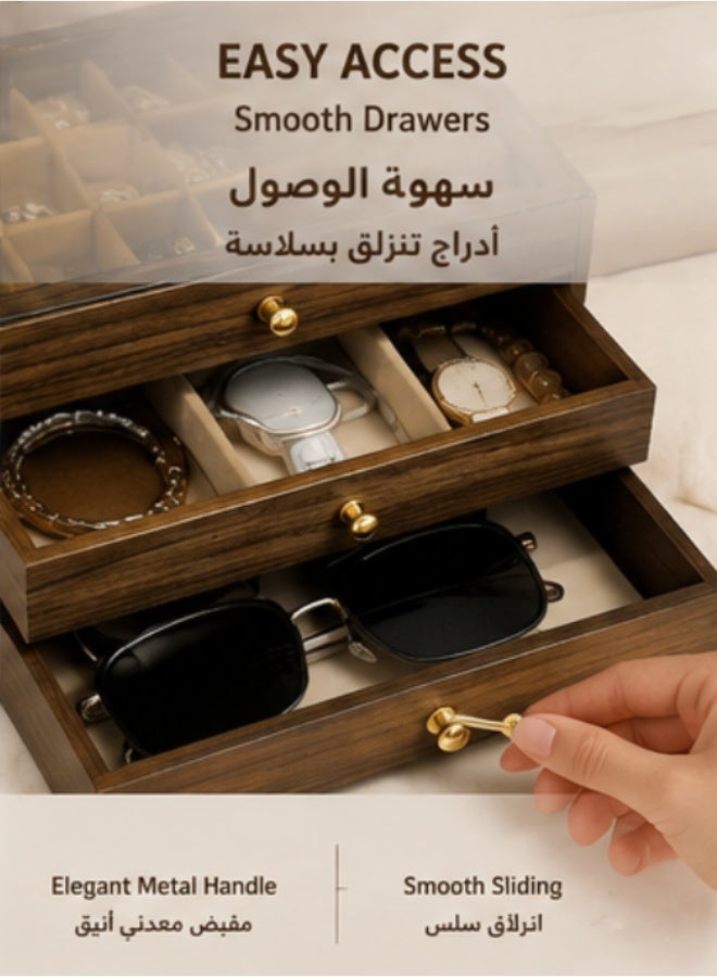3-Layer Wooden Jewelry Organizer Box with Clear Lid and Drawers - Image 4