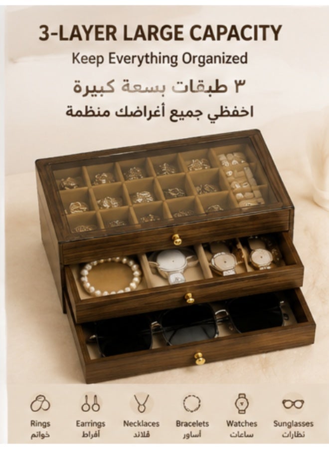 3-Layer Wooden Jewelry Organizer Box with Clear Lid and Drawers - Image 2