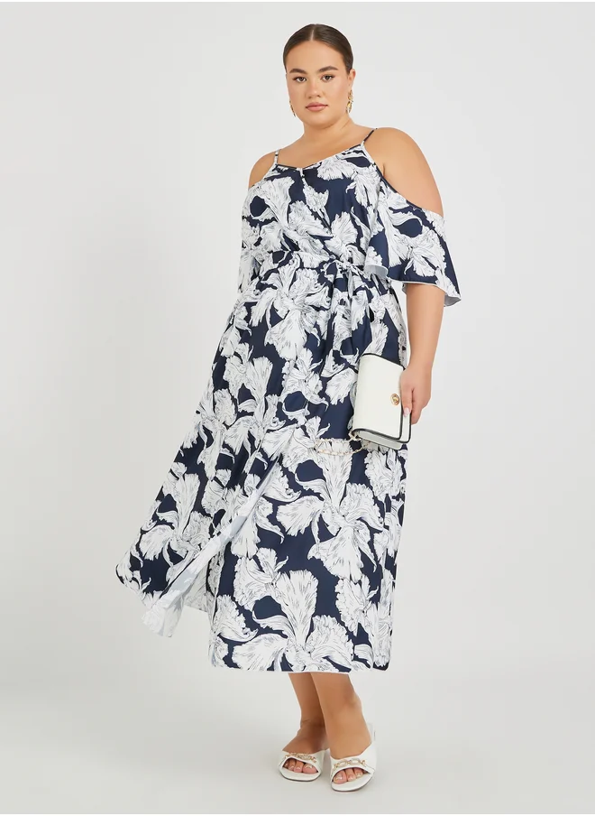 ستايلي Styli Plus Size Cold Shoulder Floral Print Maxi Dress