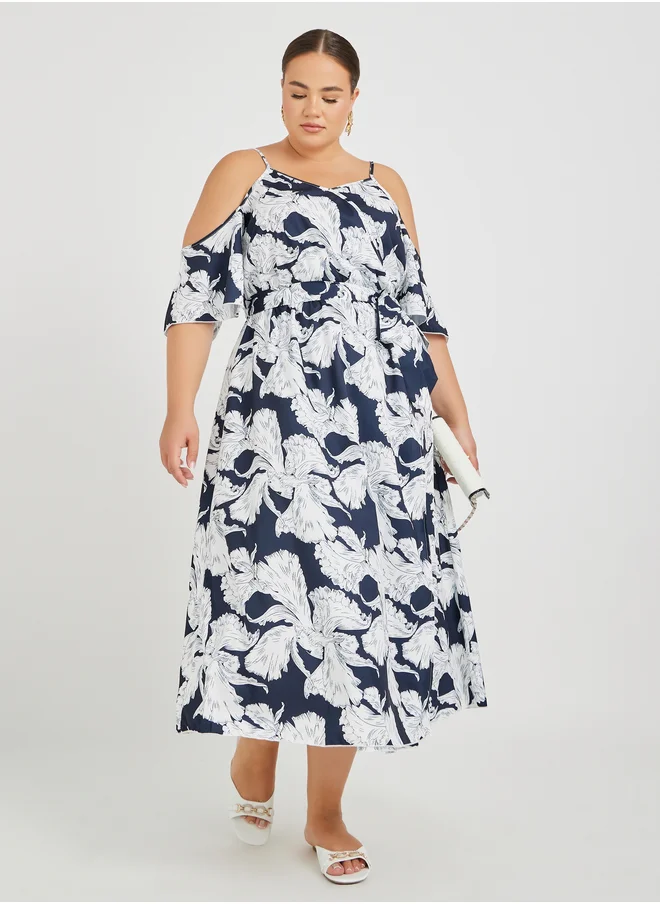 ستايلي Styli Plus Size Cold Shoulder Floral Print Maxi Dress