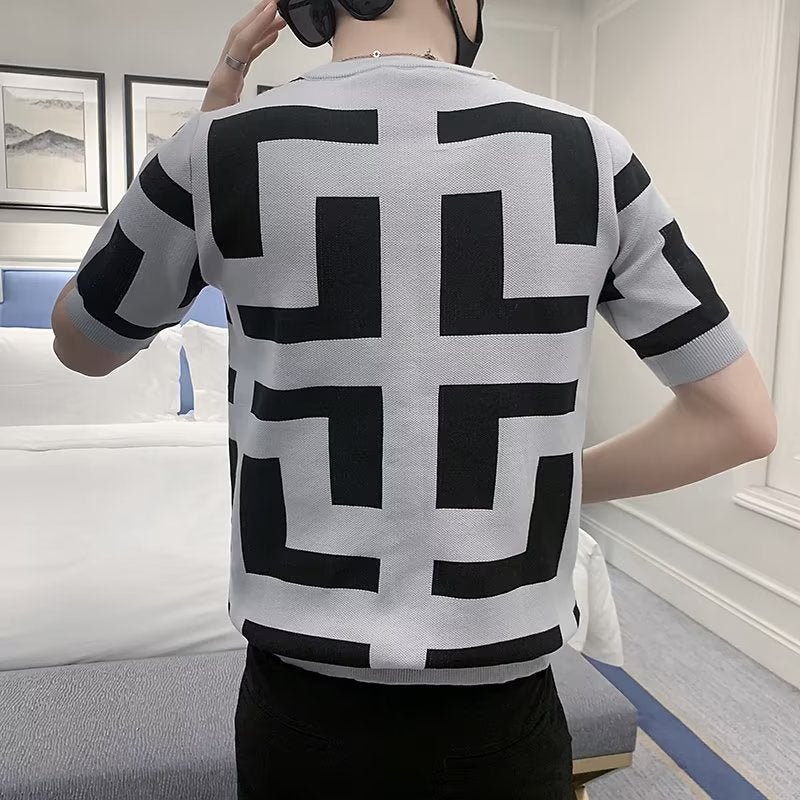 Color-Block Geometric Pattern Short-Sleeve T-Shirt For Young Men, Trendy Slim-Fit Crew Neck Top, Stylish Casual Knit Base Shirt - Image 5