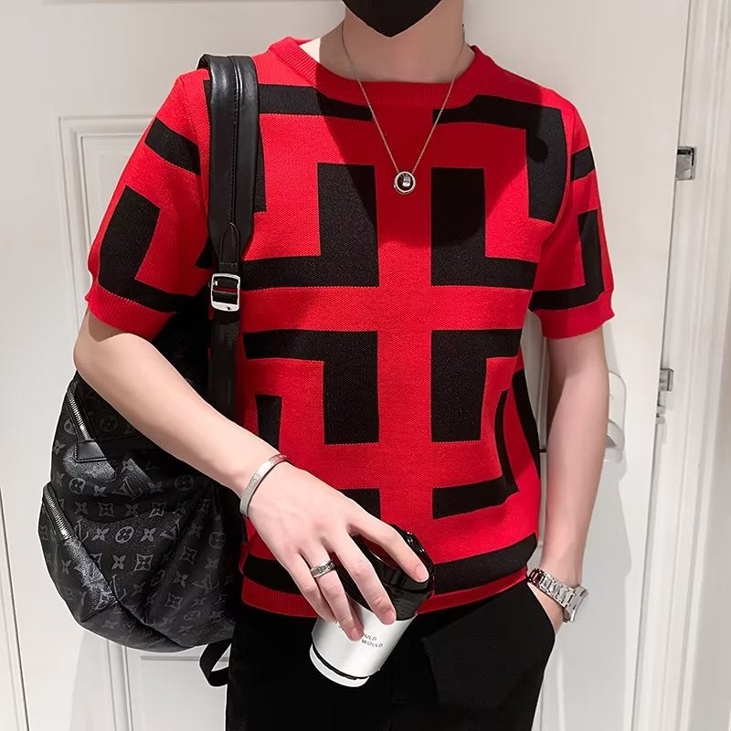 Color-Block Geometric Pattern Short-Sleeve T-Shirt For Young Men, Trendy Slim-Fit Crew Neck Top, Stylish Casual Knit Base Shirt - Image 3