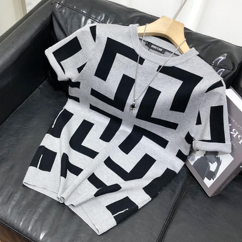 Color-Block Geometric Pattern Short-Sleeve T-Shirt For Young Men, Trendy Slim-Fit Crew Neck Top, Stylish Casual Knit Base Shirt - Image 1