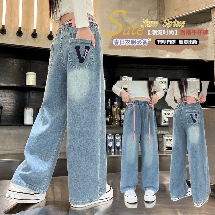 Girls' Jeans Pants Students New Western Style Middle And Big Children'S Wide Leg Pants Fashion Outer Wear Pants - Image 1