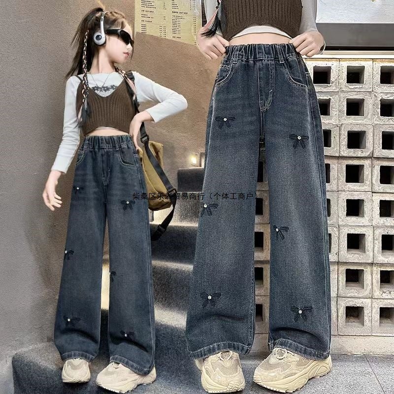 Girls' Jeans Pants Students New Western Style Middle And Big Children'S Wide Leg Pants Fashion Outer Wear Pants - Image 4