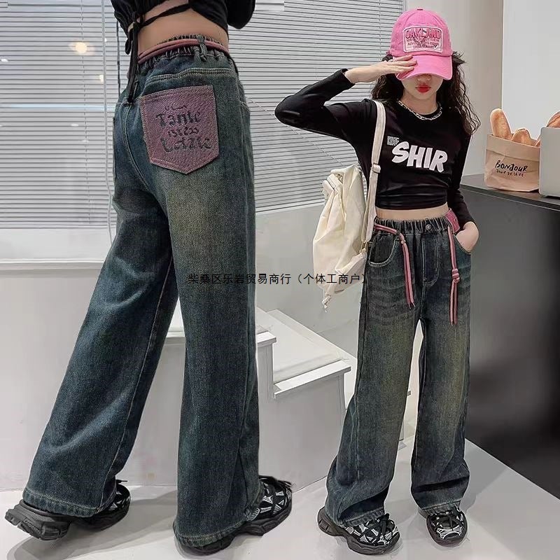 Girls' Jeans Pants Students New Western Style Middle And Big Children'S Wide Leg Pants Fashion Outer Wear Pants - Image 3