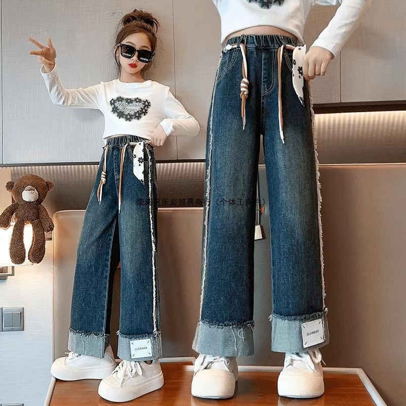 Girls' Jeans Pants Students New Western Style Middle And Big Children'S Wide Leg Pants Fashion Outer Wear Pants - Image 5