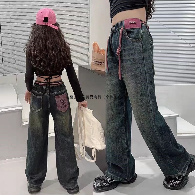 Girls' Jeans Pants Students New Western Style Middle And Big Children'S Wide Leg Pants Fashion Outer Wear Pants - Image 2