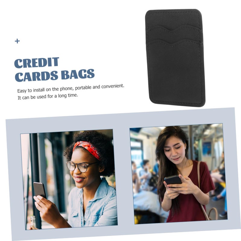 Black Adhesive Phone Card Holder PU Leather Wallet Stick Two Card Pocket - Image 4