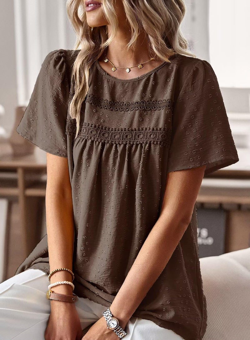 Falechay Tunic Tops to Wear with Leggings Bohemian Women's Tunic Tops Lace Crochet Brown Shirts for Women Crew Neck Short Sleeve Women's Blouses L - Image 2