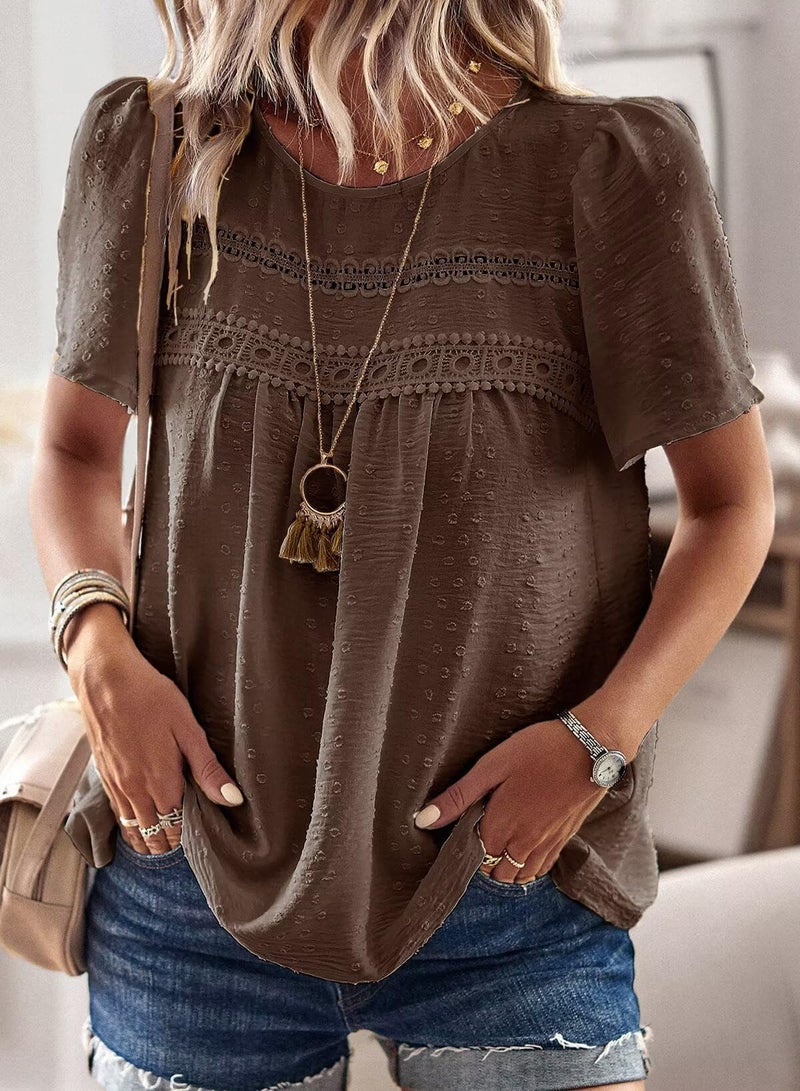 Falechay Tunic Tops to Wear with Leggings Bohemian Women's Tunic Tops Lace Crochet Brown Shirts for Women Crew Neck Short Sleeve Women's Blouses L - Image 5