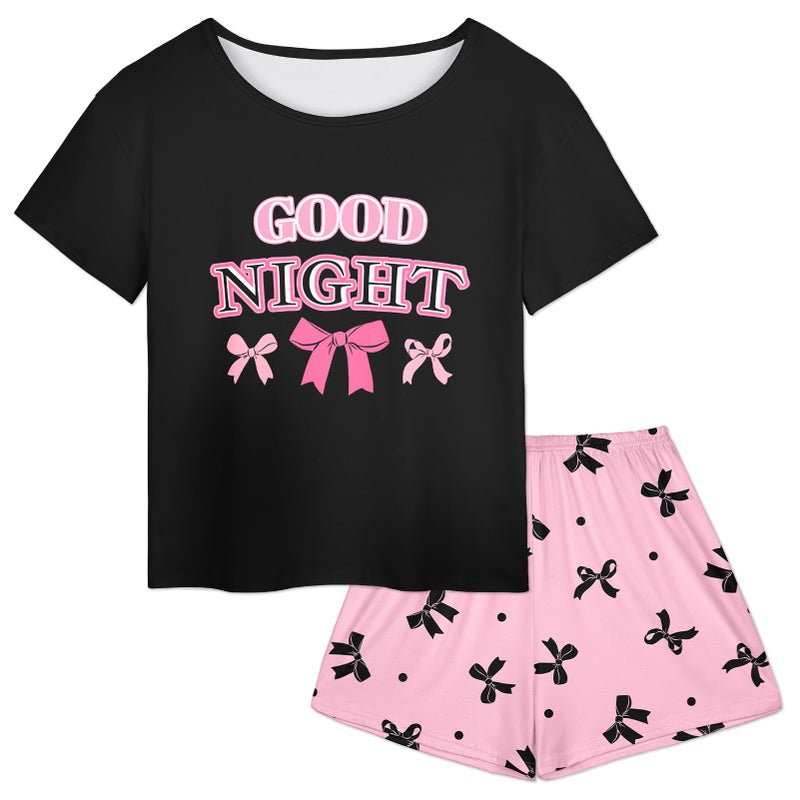 Play Tailor Girls Pajamas for Kids Summer Pjs for Girl Pajama Sets 2Pcs Short Sleeve Top Sleepwear for Teen 8-15, Black(Shirt & Short Set), 10-11Y - Image 1