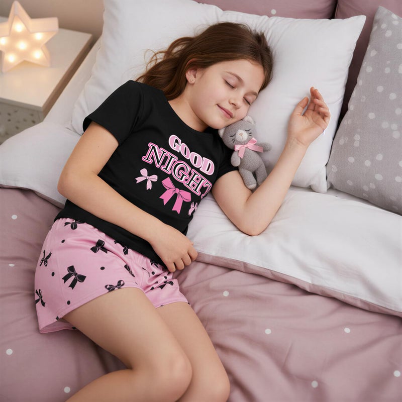 Play Tailor Girls Pajamas for Kids Summer Pjs for Girl Pajama Sets 2Pcs Short Sleeve Top Sleepwear for Teen 8-15, Black(Shirt & Short Set), 10-11Y - Image 2