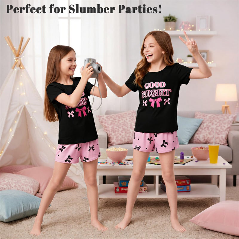 Play Tailor Girls Pajamas for Kids Summer Pjs for Girl Pajama Sets 2Pcs Short Sleeve Top Sleepwear for Teen 8-15, Black(Shirt & Short Set), 10-11Y - Image 3