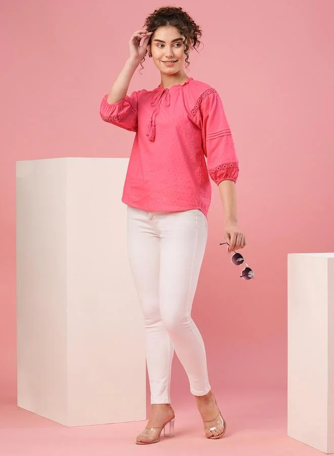 globus Globus Textured Dobby Tie-Up Neck Lace Insert Top
