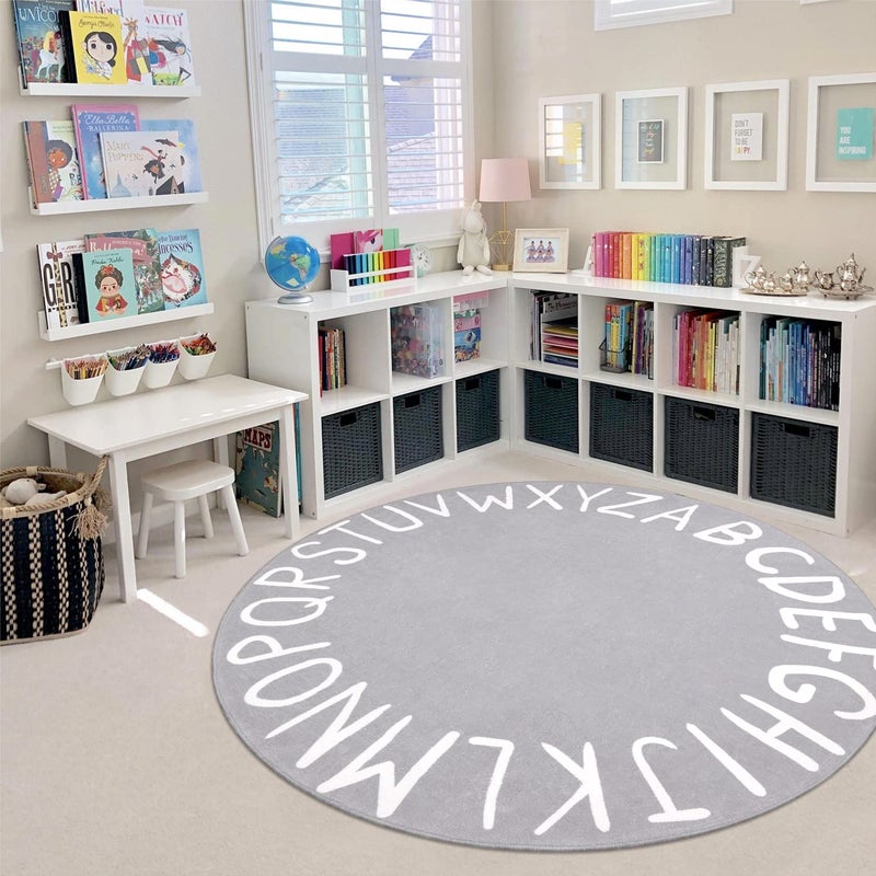 LIVEBOX ABC Play Room Round Rug for Kids Bedroom, Alphabet Area Rug Circle Washable Rug for Playroom Classroom Tent, Non-Slip Crawling Mat Circular Learning Carpet for Teen Boys and Girls (59",Grey) - Image 1