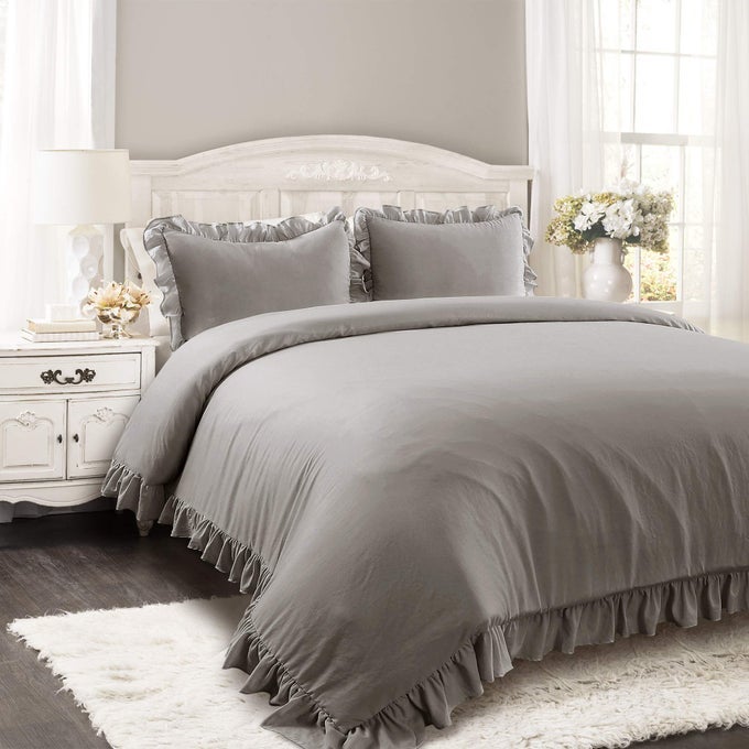REYNA RUFFLE COMFORTER SET 3 PIECE COZY RUFFLED BEDDING SET TIMELESS ELEGANCE AND COMFORT FOR DORM ROOM FULL QUEEN GRAY