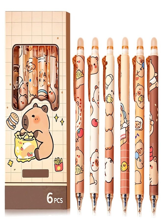 Climberty® 6Pcs Erasable Gel Pens with Rubber Eraser Cap Blue Ink Cute Cartoon Capybara Student Writing Pens Office Stationeries Gift Set - Image 1